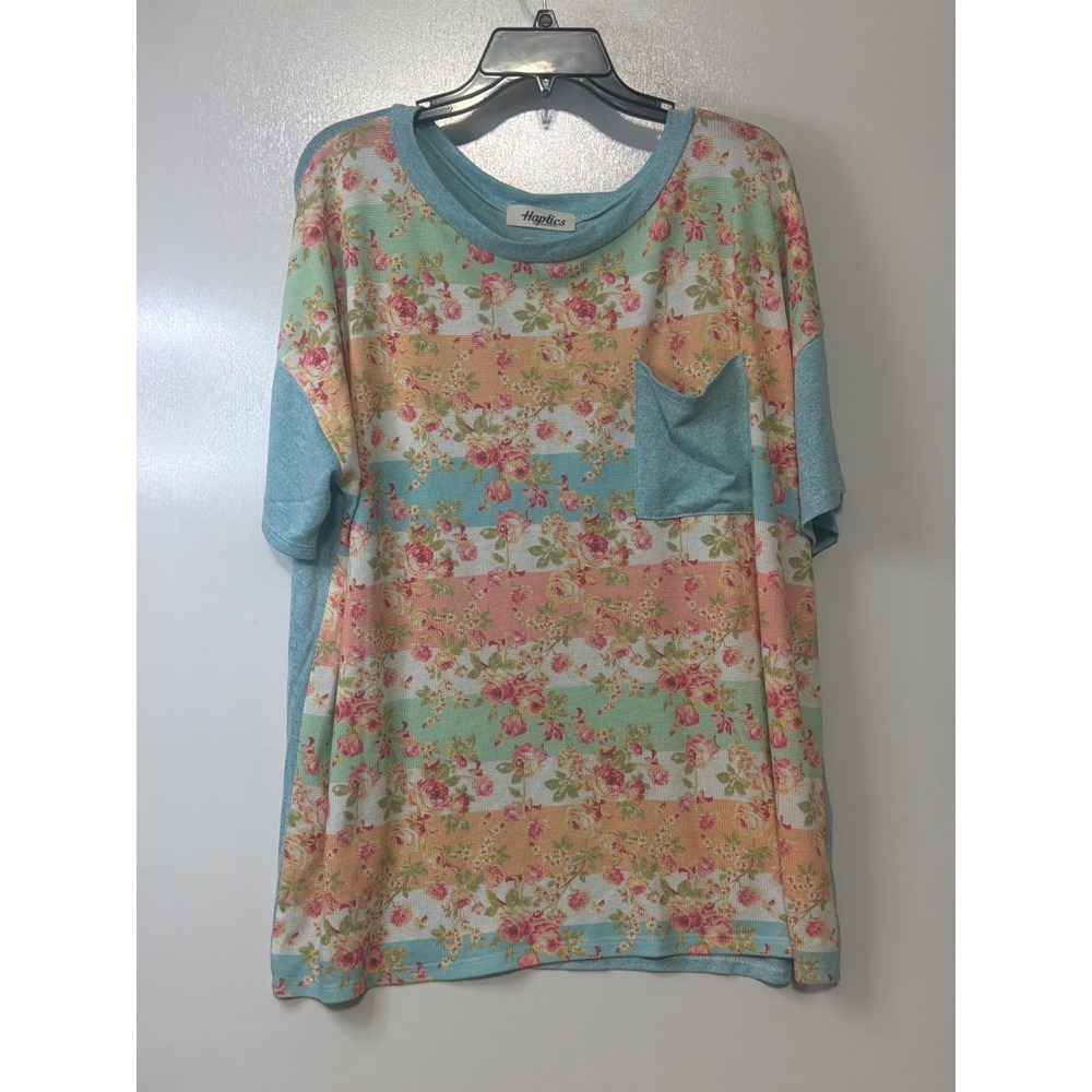 Haptics Holly Harper Floral Stripe Waffle Knit Top Blue 2X